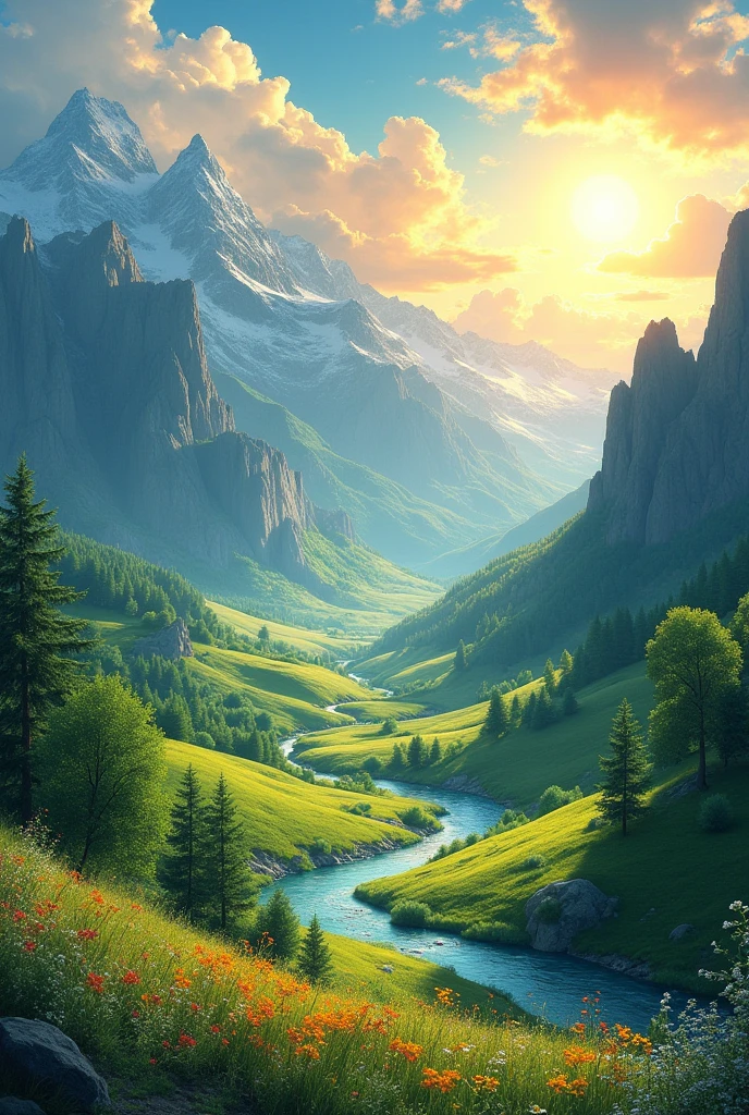 a painting of the sun shining over a valley, a detailed matte painting by Makoto Shinkai, cgsociety, american scene painting, terragen, matte painting, anime