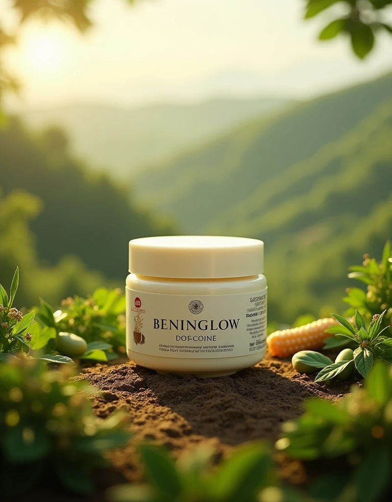 Logo for a brand that sells shea butter from Benin the name of the brand is Beninglow and its name must appear on the image (photorealism:1.2)