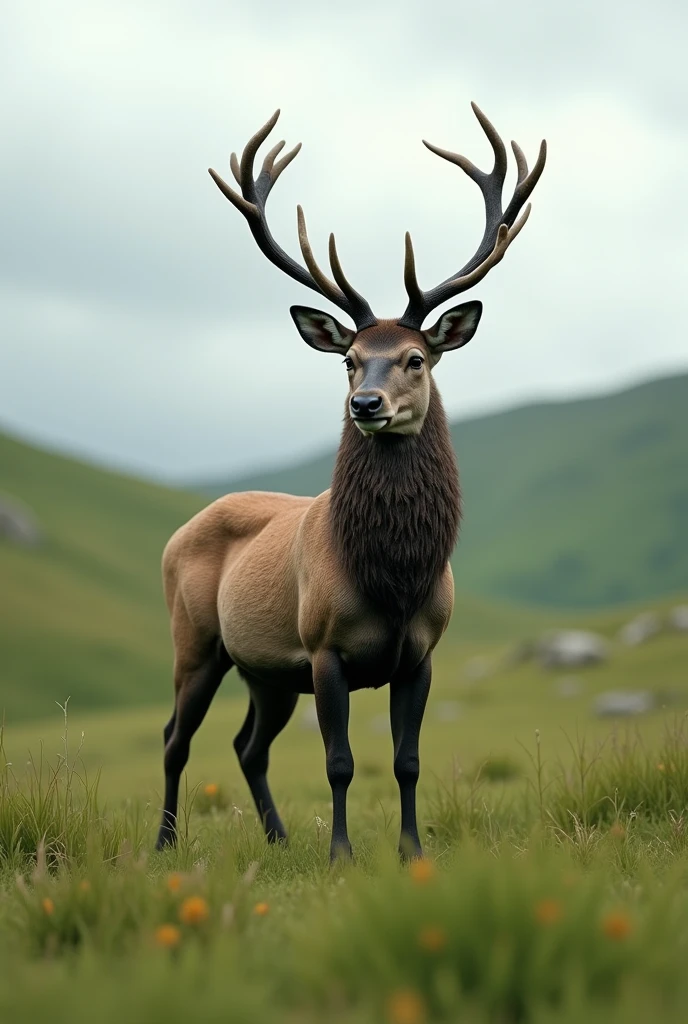 deer with horns on a field with green grass in 3D model styles camera view far from the top from the side cloudy weather