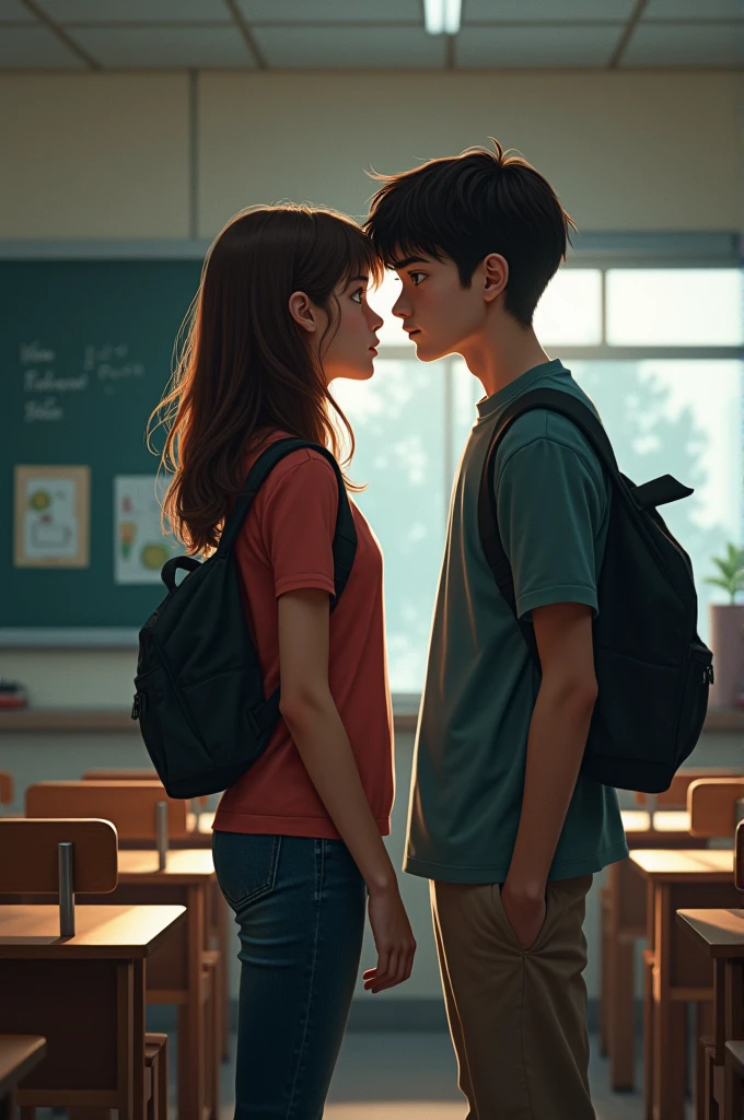 A girl and a boy standing position.both are talking secretly in the classroom boy age 16 .girl age 15