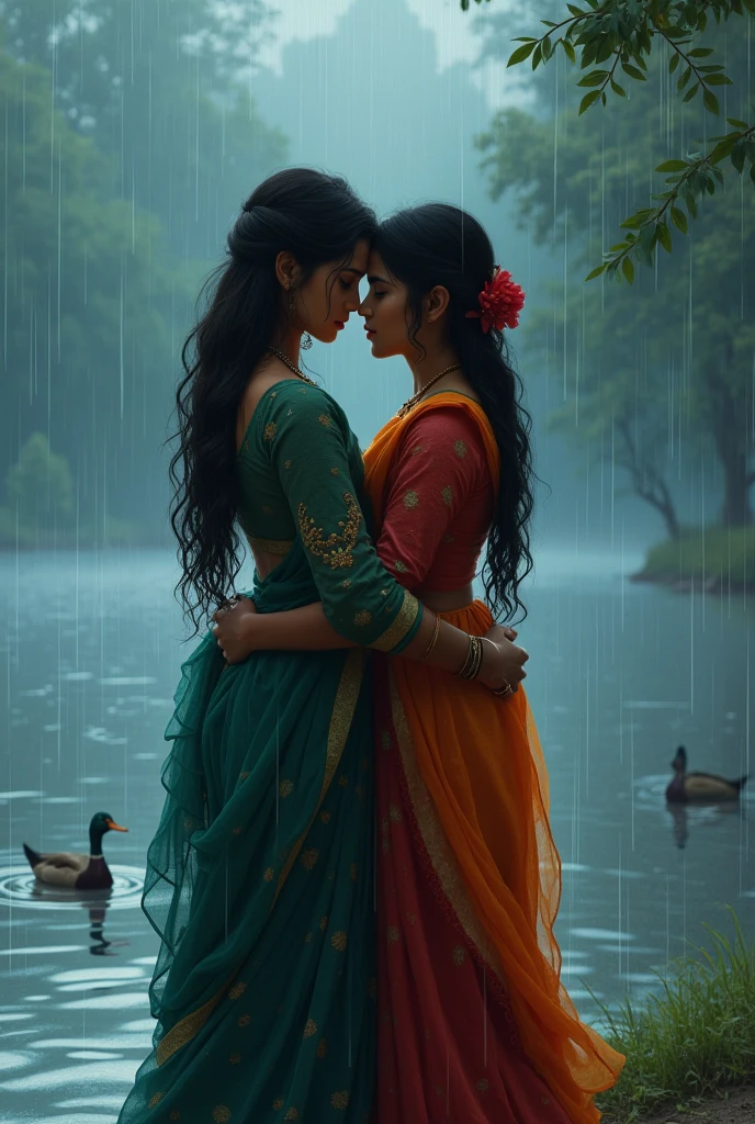 two bengali girl hugged each other romantically and kissing in shoulder beside bangladeshi
river. raining. duck floating in river