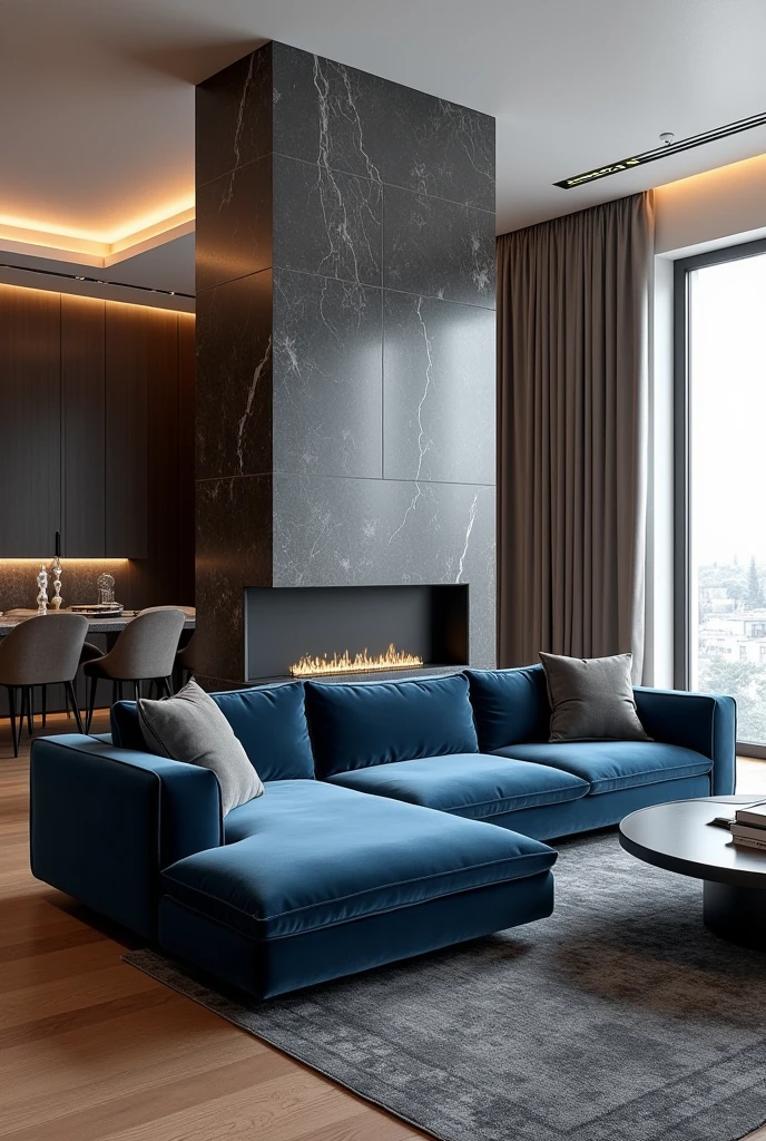 Professional 3d architecture rendering design of modern living room with so dark gray and dark beige and so dark vintage blue floranca velvet sofa set and medium flouting dark gray marble fireplace and brown laminate and elegant and modern accessories and modern windows and black slab stone middle table and elegant ceiling lighting and elegant accessories and elegant dark gray Persian carpet and modern ceiling lighting and white wall and elegant accessories