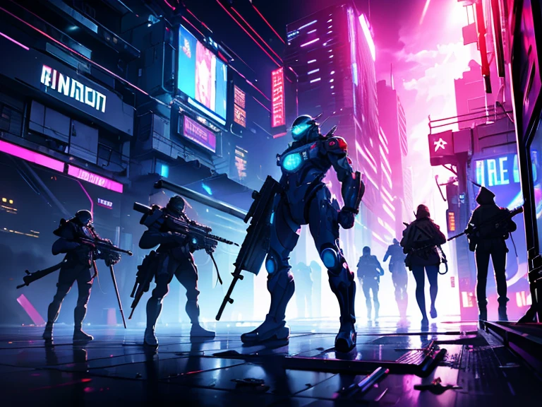 Very detailed,High resolution,4K,8k,masterpiece,High resolution,Late Night,Cyberpunk cityscape,Vibrant neon glow,A group of soldiers with heavy weapons are charging