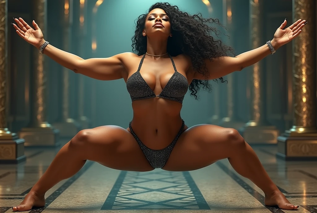 A body that looks like its clothes will burst with muscles,Create a high-resolution realist 3d image of a dark skin toned melanin elegant woman with a findom dominant and commanding persona and Prescence wearing luxurious attire, such as a tailored suits or designer dress, and posed in a confident stance. full body tall and plus size curvey body 5'9 265 lbs This mage should exude power, control, and sophistication, with a hint of mystery. the back ground is lavish hight rise office or a luxurious richly decotated tool reflecting wealth and power
