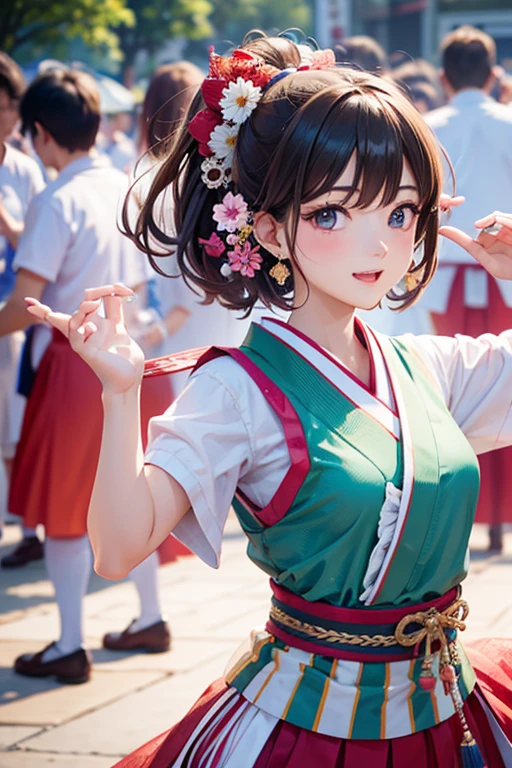 (Japan Bon Odori,最高masterpiece,Highest quality), Hot August,Bright vibrant anime art,People of all ages and genders dance and dance, Let's dance in yukata,Laughing and dancing, Showing white teeth,Men and women dance in a circle, masterpiece,Highest quality,High resolution,
