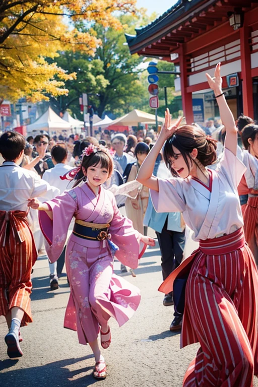 (Japan Bon Odori,最高masterpiece,Highest quality), Hot August,Bright vibrant anime art,People of all ages and genders dance and dance, Let's dance in yukata,Laughing and dancing, Showing white teeth,Men and women dance in a circle, masterpiece,Highest quality,High resolution,