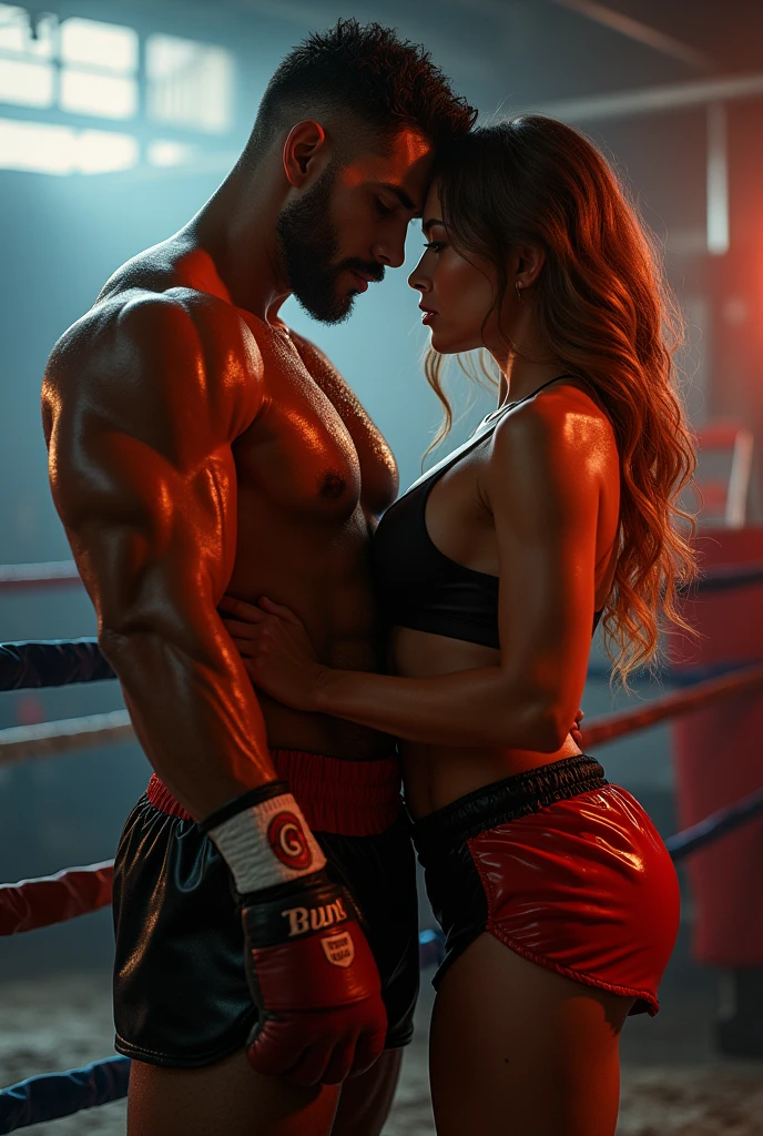 Sexy girl with her boxer boyfriend in boxing ring