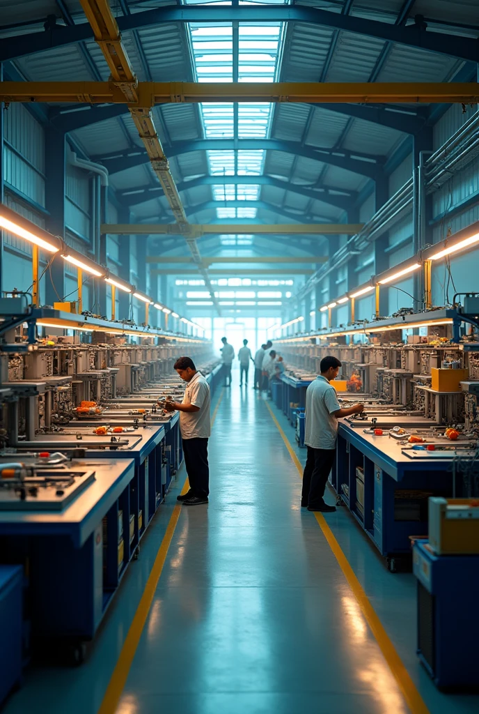 A large and modern 3D charger factory, MTI CONNECTECH PVT.LTD, in Noida, India, highly detailed and realistic, 8K resolution, industrial interior, mechanical equipment, assembly lines, workers, windows, lighting, photorealistic, cinematic composition, dramatic lighting, warm color tones