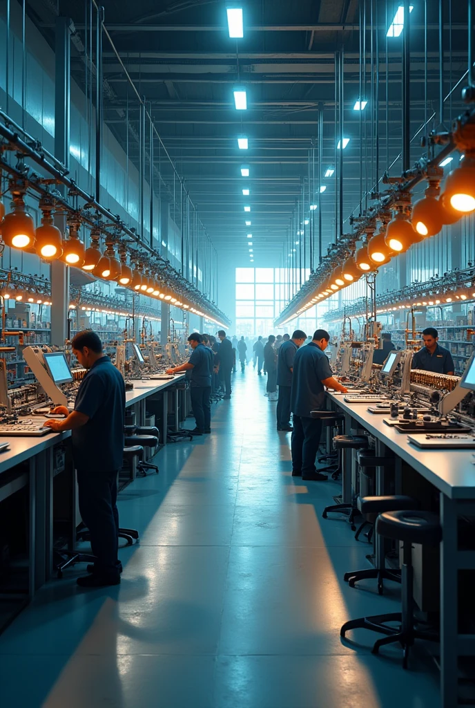 A large and modern 3D charger factory, MTI CONNECTECH PVT.LTD, in Noida, India, highly detailed and realistic, 8K resolution, industrial interior, mechanical equipment, assembly lines, workers, windows, lighting, photorealistic, cinematic composition, dramatic lighting, warm color tones