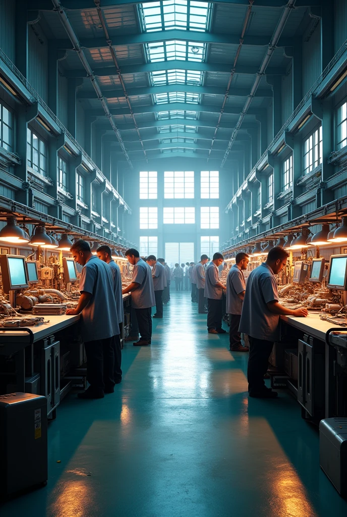 A large and modern 3D charger factory, MTI CONNECTECH PVT.LTD, in Noida, India, highly detailed and realistic, 8K resolution, industrial interior, mechanical equipment, assembly lines, workers, windows, lighting, photorealistic, cinematic composition, dramatic lighting, warm color tones