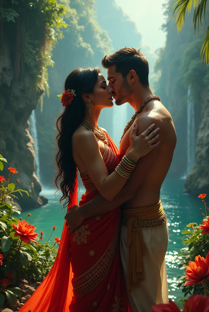 1 girl, 1 boy, passionate romantic kiss, colorful sequin sarees, lush tropical gorge landscape, (best quality,8k,highres,masterpiece:1.2),ultra-detailed,realistic,photorealistic,photo-realistic:1.37,intricate details,cinematic lighting,dramatic shadows,vivid colors,ornate jewelry,detailed fabric textures, erotic, nsfw, boobs and cleavage