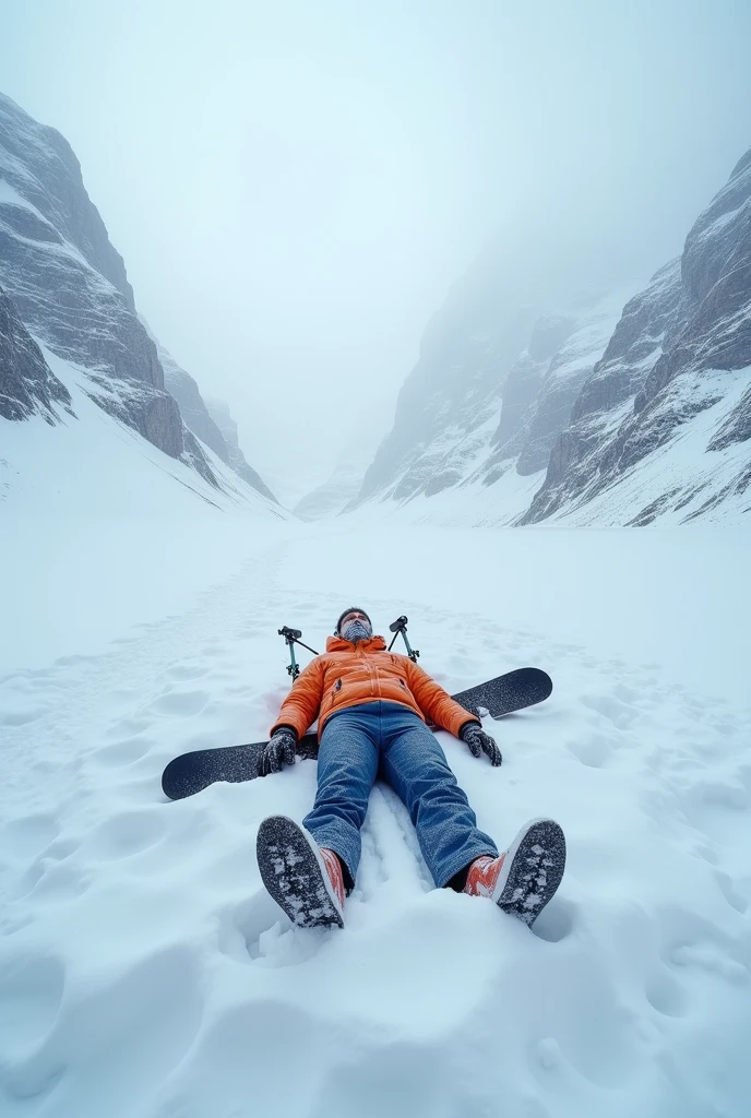 a Indian 30 years man laying in the snow with a snowboard and poles on his back in the mountains - snowy arctic environment, cold environment, snow camouflage, in the snow mountains, very clear picture, snow wasteland, he's dead, his face should not be visible, face should covered with complete snow, he wears orange colour jacket, blue pant 