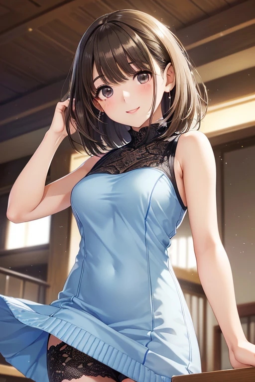 anegasaki nene、Shiny brown hair, short hair, (Beautiful brown eyes、Sparkling eyes, Fine grain)、smile、Ultra-detailed eyes、Highly detailed face, Highly detailed eyes,Cowboy Shot、
nsfw、
(Very cute young woman in her 20s), ),Medium bust size、(((とても優しいsmile))),
(((She is wearing black lace panties))),(((Wearing a light blue sleeveless knit dress, but、It turned over in her hand.))),((Highest quality, 16K, Tabletop: 1.3)), The light shines on your face, Highly detailed face, Highly detailed lips, Beautiful Eyes, City Street,Angle from below:1.5,