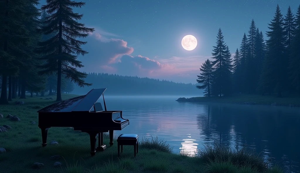 With a serene lake in the foreground, surrounded by tall evergreen trees, it creates a peaceful nightscape. The sky is filled with stars and a full moon casts a soft light on the landscape. The sky's color shifts from deep blue to soft purples and pinks near the horizon, and reflections of the sky and trees clearly appear on the surface of the water, adding to the serene scene. A sophisticated black grand piano is placed on the lawn by the lake, overlooking the water, adding an elegant and mysterious touch to the tranquil setting. The grand piano is illuminated by moonlight.
Translated with DeepL.com (free version)