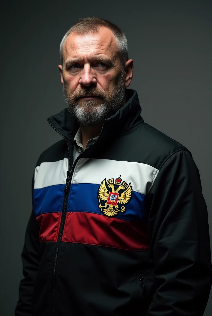 Take me a photo of an 1 man with a black jacket on his chest with the Russian flag with its colors and coat of arms