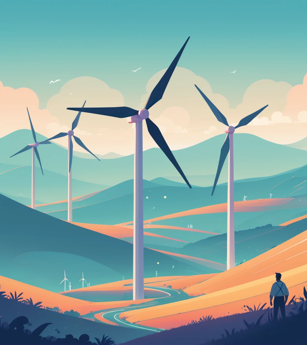 concept art in the style of James Gilleard, illustration of an illustration, Scaly, at Wind farm, Bokeh, by Zhichao Cai, Romantic, Excessivism, inspired by Atey Ghailan, james gilleard artwork . digital artwork, illustrative, painterly, matte painting, highly detailed