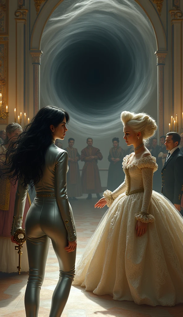 "A captivating time-travel scene featuring Eclipse, the enigmatic time-traveling phantom, as she emerges from a swirling black hole in the fabric of time, stepping into the opulent halls of Versailles. Eclipse, with her jet-black hair flowing freely, is dressed in a sleek, light gray leather suit that hugs her form, subtly shimmering in the soft candlelight. In her hand, she firmly grips the golden mechanical key, its intricate design catching the light and drawing attention. Across the grand ballroom, Marie Antoinette, adorned in a stunningly elaborate gown of silk and lace, turns her gaze towards Eclipse. Her powdered wig and sparkling jewels enhance her regal presence, creating a stark contrast with Eclipse's modern and mysterious appearance. The background is filled with courtiers in equally ornate attire, whispering and casting curious glances at the unexpected visitor. The black hole, a swirling vortex of darkness, begins to close behind her, blending with the shadows of the richly decorated walls. The atmosphere is tense yet surreal, as the two women from vastly different worlds lock eyes, their fates momentarily intertwined in this collision of time."







