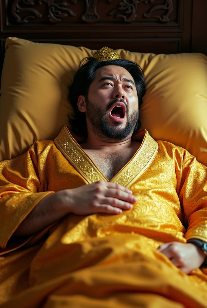 creating an image of a emperor, lying in bed, with his golden dragon robe, painfully, his dick under the robe was erection and wet in milky mucus. His eyes were wide open, his mouth wide open with difficulty breathing. Chinese style.