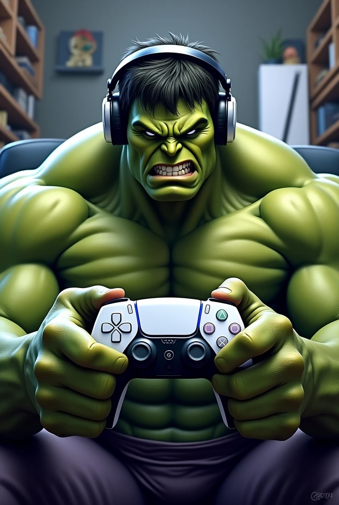 a digital painting of hulk with a best physique holding ps5 controller. hulk should be wearing gaming headphone and have aggressive face that look real face of hulk. in the background is gaming room and look realistic. |
