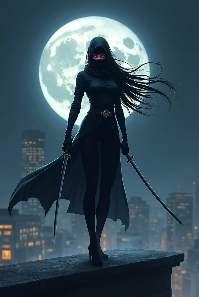 A female ninja stands atop a rooftop in the middle of the night, with a bright full moon shining in the dark sky. Her long black hair flows in the wind, and her sharp red eyes gaze intensely at the city below. She wears a sleek, tight black ninja outfit, complete with a mask that covers part of her face. In her hands, she holds two gleaming katanas that reflect the moonlight. The atmosphere around her is mysterious, with a thin mist surrounding the rooftop, giving the impression that she is ready to strike at any moment.