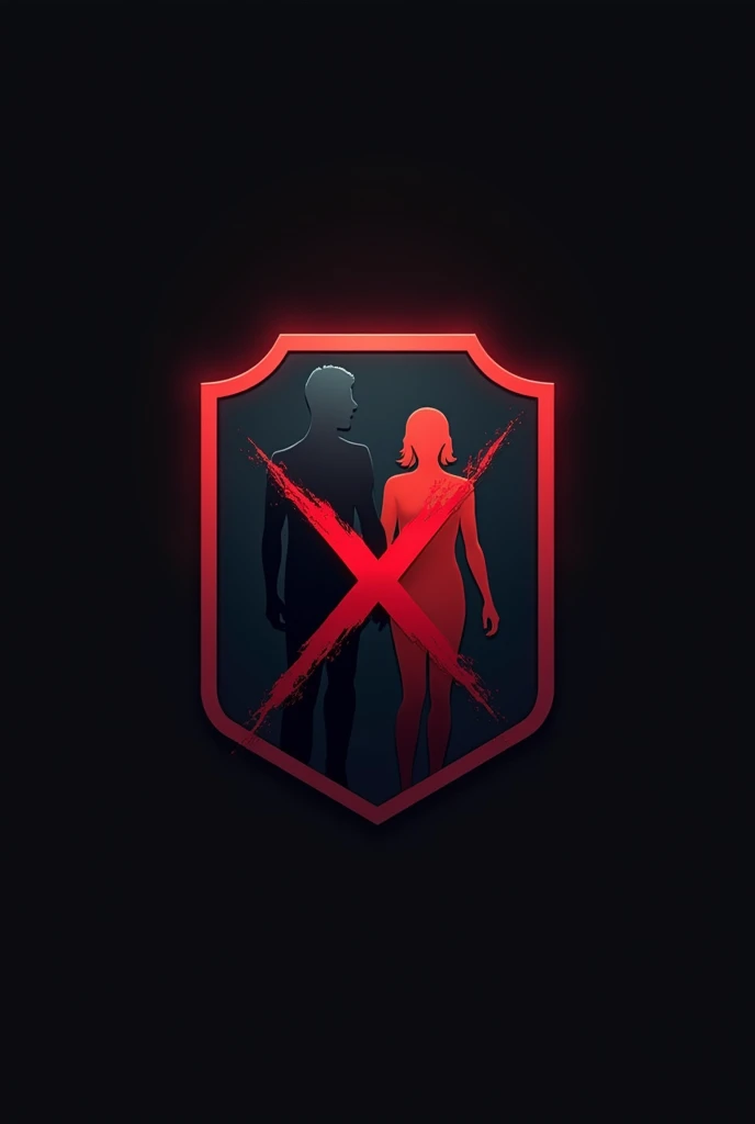 Tim esports logo, Two silhouettes that symbolize a couple, for example, seorang pria dan wanita yang berdiri berdekatan or sedang bergandengan tangan. Among them, there is a third figure, slightly smaller and located somewhat behind, mencoba mendekat or meraih salah satu dari pasangan itu. This third figure can be placed with a little transparency to give the impression that he is "trying to log in" or "peep." Then, a large cross crossed over the third figure, clearly shows that he is not wanted there.Warna dasar mungkin tetap bisa menggunakan hitam or abu-abu tua, but with a brighter red accent on the cross, to emphasize his rejection. Logo ini bisa dilingkari or diberi bingkai yang kuat, for example bentuk perisai or lingkaran, to make it look more solid.