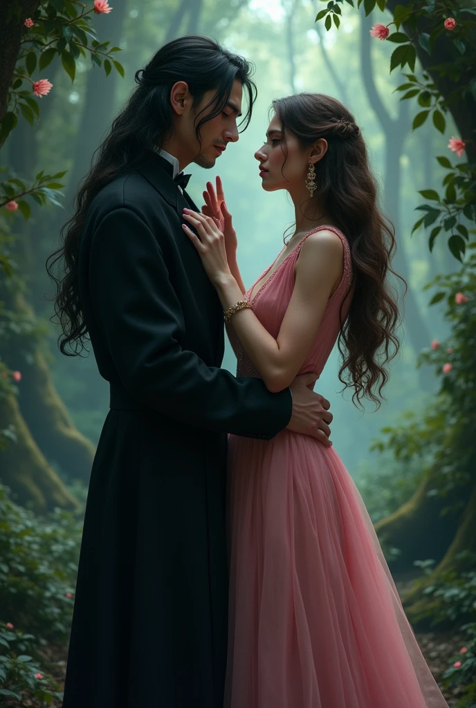Caucasian male, Hair long black fluid, elegant black clothes, holding a book in his left hand, looking at a WOMAN, flowing brown hair, elegant pink dress, touchin a face, Dark forest, Magic place.