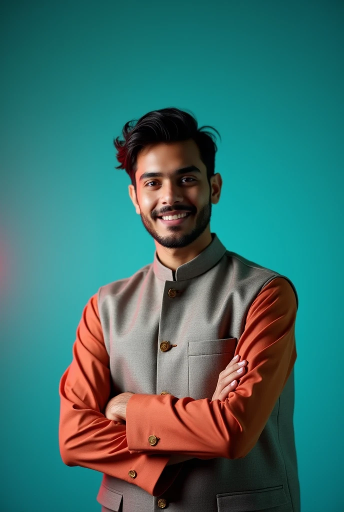 young man with dark stylish hair and a confident smile Anemi character . He is dressed lungi and Punjabi . The man is positioned against aqua colour backdrop with a subtle red lighting on the left side. and he posing for Linkedin profile