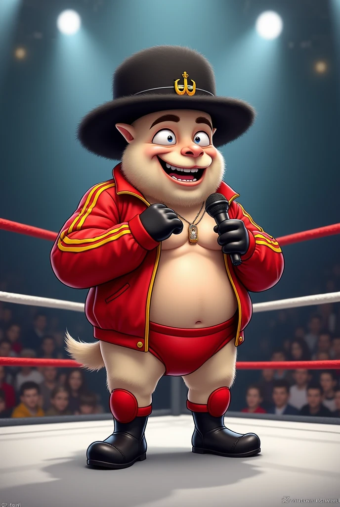 Cartoon Vicuna dressed like WWE wrestler Nikolai Volkoff.
cartoon Vicuna head. Cartoon vicuna hands. Cartoon vicuna body. Cartoon vicuna arms. Cartoon vicuna legs.
Black Furry Russian hat. Red track jacket ordained with yellow accents. Red underwear. Red kneepads. Black wrestling boots.
Standing in a wrestling ring. Singing into microphone.