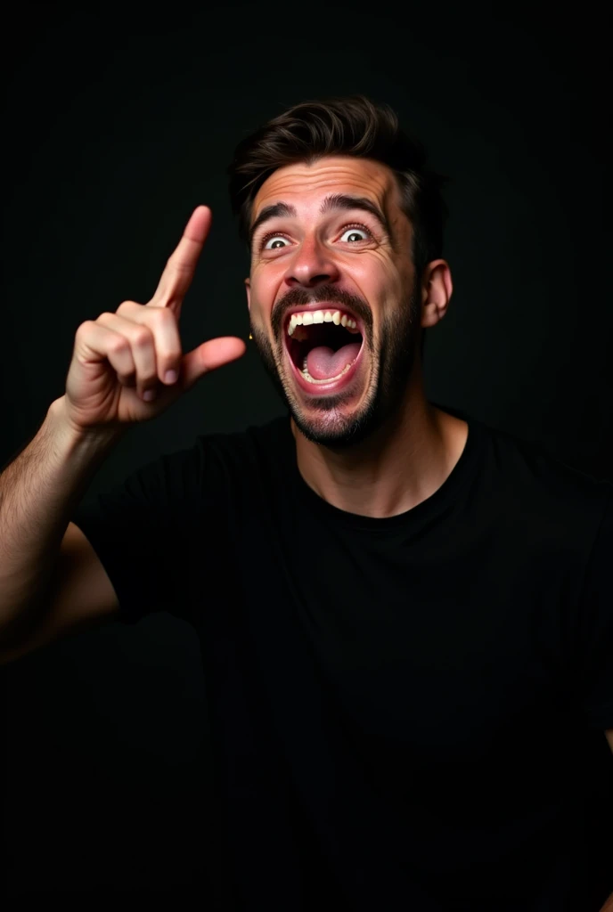 The image shows a man wearing a black shirt and laughing, is pointing upwards with his index finger. The background is black