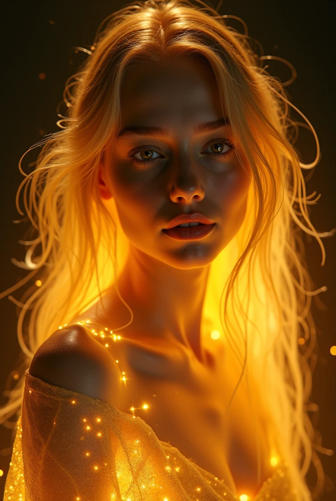 (Facing Viewer), Nude, half body, close up, glowing woman in gold, golden hair, ethereal light, dark background, intense light, surreal atmosphere, digital art, dramatic lighting, detailed textures, ultra-high resolution