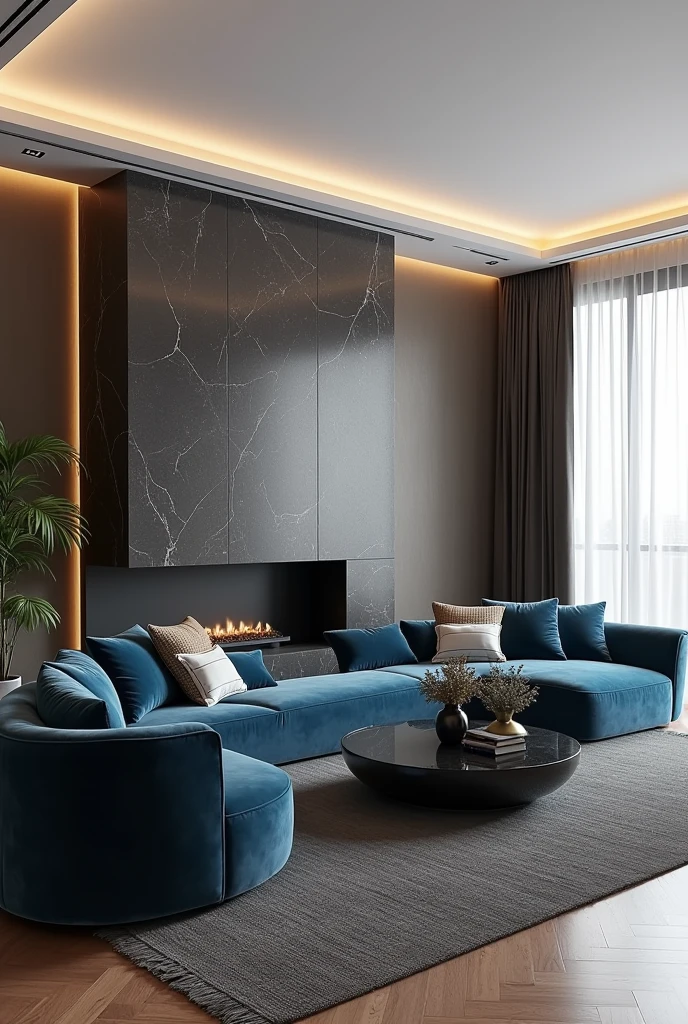 Professional 3d architecture rendering design of modern living room with so dark gray and dark beige and so dark vintage blue floranca velvet sofa set and medium flouting dark gray marble fireplace and brown laminate and elegant and modern accessories and modern windows and black slab stone middle table and elegant ceiling lighting and elegant accessories and elegant dark gray Persian carpet and modern ceiling lighting and white wall and elegant accessories