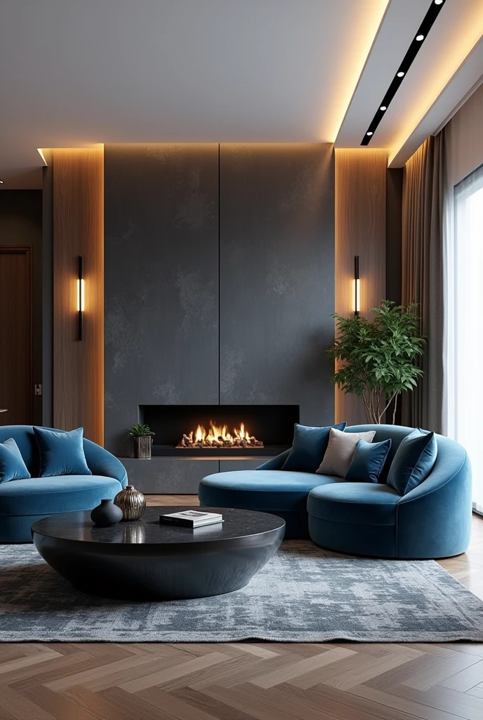 Professional 3d architecture rendering design of modern  living room with  so dark  gray   and dark beige and  so dark vintage blue floranca velvet sofa  set and medium  flouting  dark gray marble fireplace and brown laminate and elegant and modern accessories and modern windows and black slab stone middle table and elegant ceiling lighting and elegant accessories and elegant  dark gray Persian carpet and modern ceiling lighting and white wall and elegant accessories 
