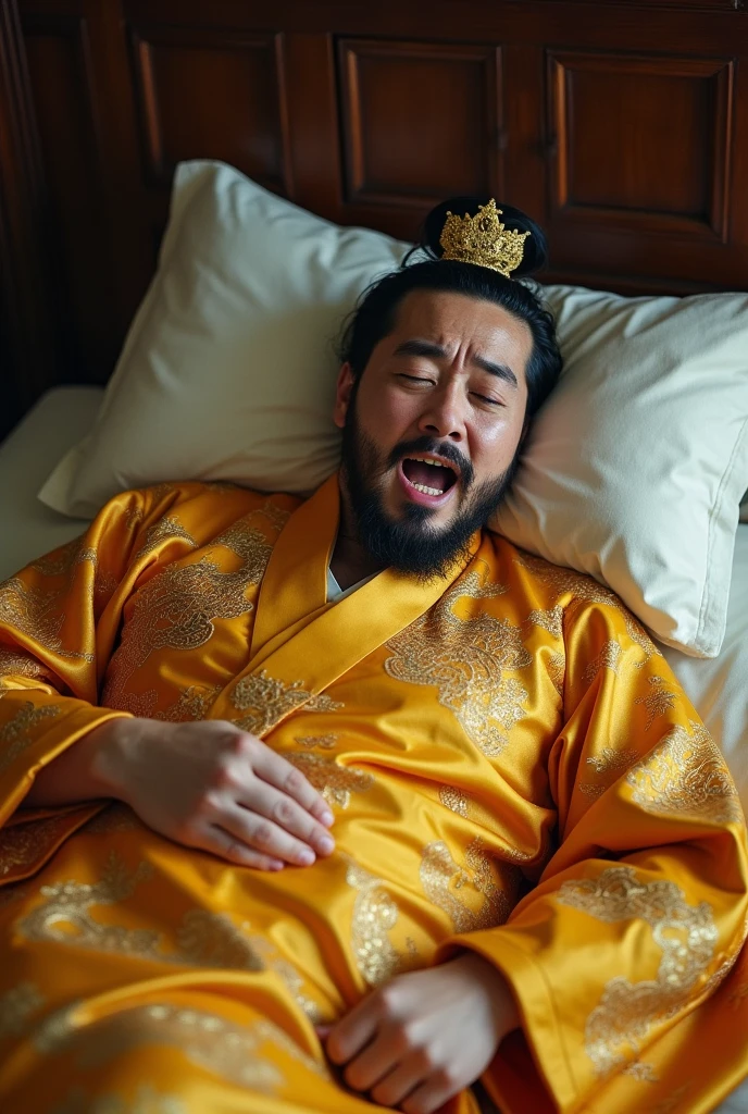 creating an image of a emperor, lying in bed, with his golden dragon robe, painfully, his dick under the robe was erection and wet in milky mucus. His eyes were wide open, his mouth wide open with difficulty breathing. Chinese style.