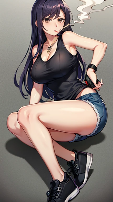 Highest quality,high resolution,２d,(Cel animation style),One woman,30 year old Asian female,(Straight long black hair),((Black tank top)),((Denim shorts)),((1 with a pistol in each hand.3)),(Skull Necklace),Black sneakers,(Beautiful face with a narrow slit 1.3)，Black wristband on left wrist,Beautiful Style,Glamorous Body,(Large Breasts),(((Holding a cigarette)))