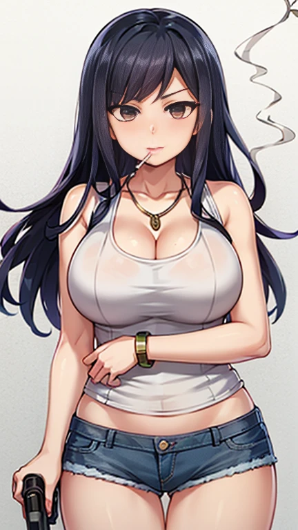 Highest quality,high resolution,２d,(Cel animation style),One woman,30 year old Asian female,(Straight long black hair),((Black tank top)),((Denim shorts)),((1 with a pistol in each hand.3)),(Skull Necklace),Black sneakers,(Beautiful face with a narrow slit 1.3)，Black wristband on left wrist,Beautiful Style,Glamorous Body,(Large Breasts),(((Holding a cigarette)))