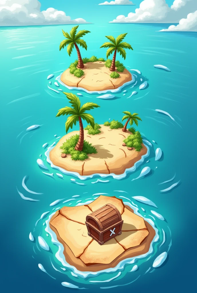 Create a vertical, cartoon-style illustration of a treasure map set on the ocean. The map should feature three distinct islands, each progressively larger as you move downwards on the map. The first island at the top should be small with a single palm tree. The second, in the middle, should be slightly larger with some vegetation and a small beach. The final island at the bottom should be the largest, featuring an X marking the spot where a treasure is hidden. Include some playful elements