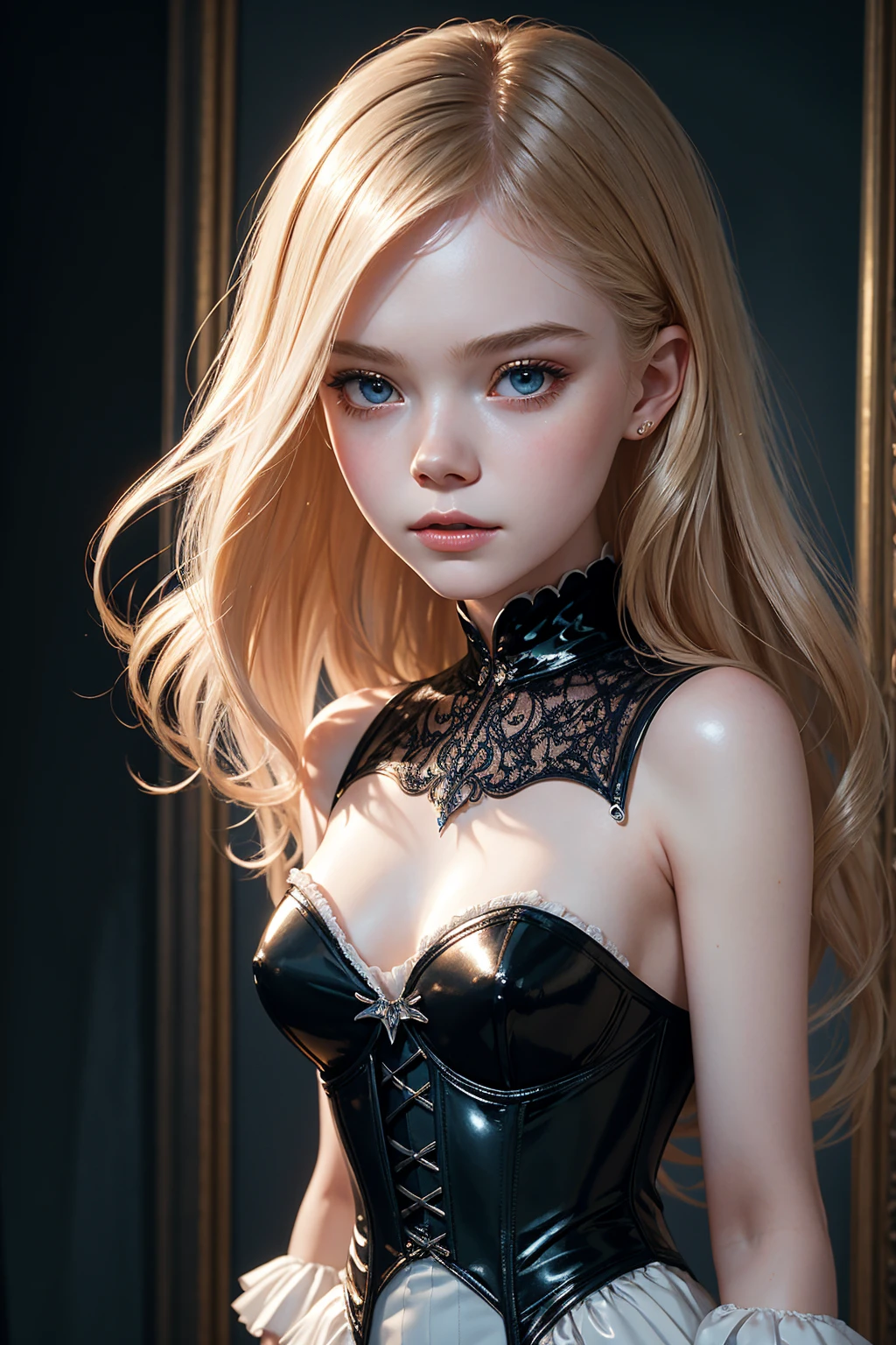 portrait Elle Fanning, wearing sexy latex corset french maid outfit, against the sky, 3 0 3 0 s, wavy hair, intricate, elegant, highly detailed, digital painting, artstation, concept art, smooth, sharp focus, illustration, art by thomas kindkade, charlie bowater, artgerm, greg rutkowski, alphonse mucha and alexandra fomina, 36k, glittering, shining, correct anatomy