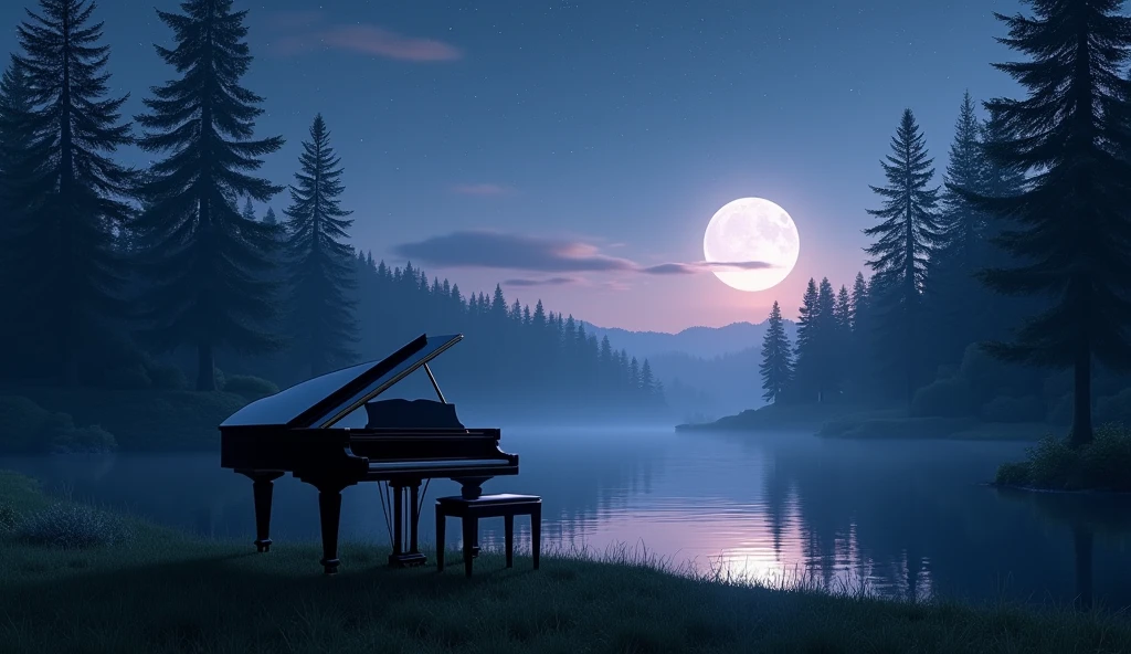 With a serene lake in the foreground, surrounded by tall evergreen trees, it creates a peaceful nightscape. The sky is filled with stars and a full moon casts a soft light on the landscape. The sky's color shifts from deep blue to soft purples and pinks near the horizon, and reflections of the sky and trees clearly appear on the surface of the water, adding to the serene scene. A sophisticated black grand piano is placed on the lawn by the lake, overlooking the water, adding an elegant and mysterious touch to the tranquil setting. The grand piano is illuminated by moonlight.
Translated with DeepL.com (free version)