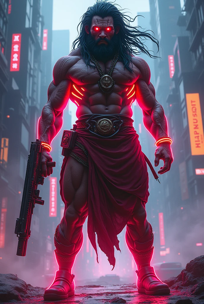 Lord Hanuman standing on cyberpunk city and holding a gun with 6 pac bodybuilding and pink and orange colour neon light with glowing his eyes in red colour