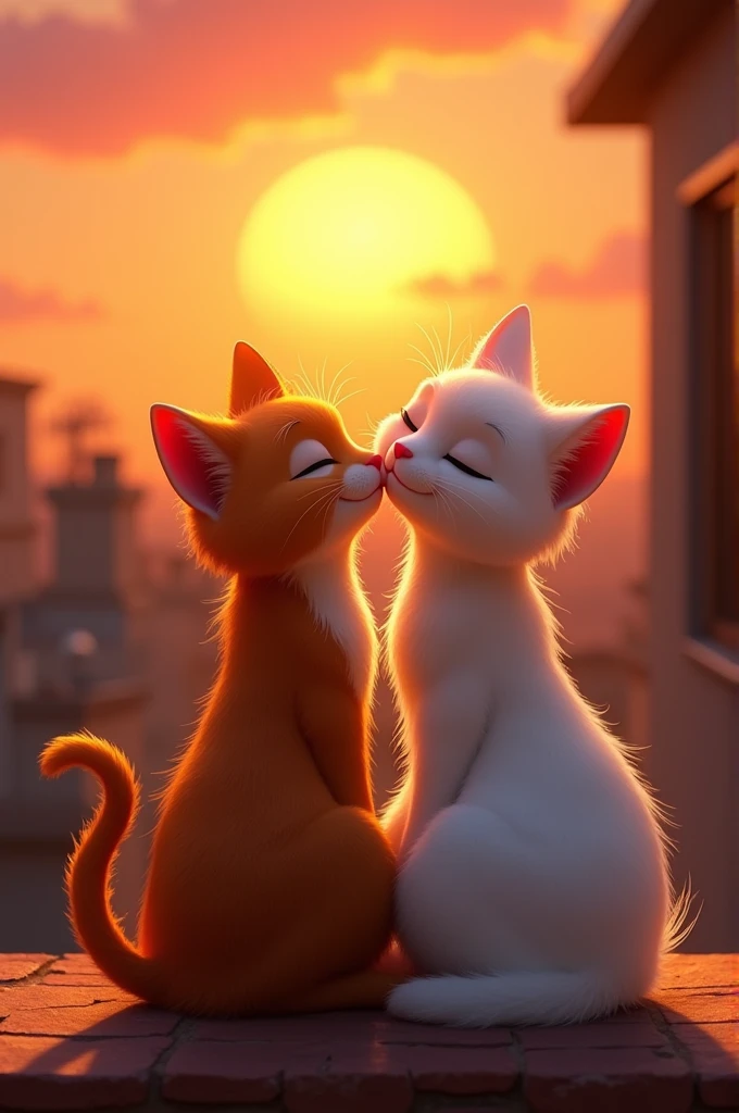 Moti brown cat band Sona white cat Cats Sitting Together at Sunset: Moti and Sona sitting side by side on a rooftop or in the alley, watching a beautiful sunset together, symbolizing their deep friendship. Pixar style 