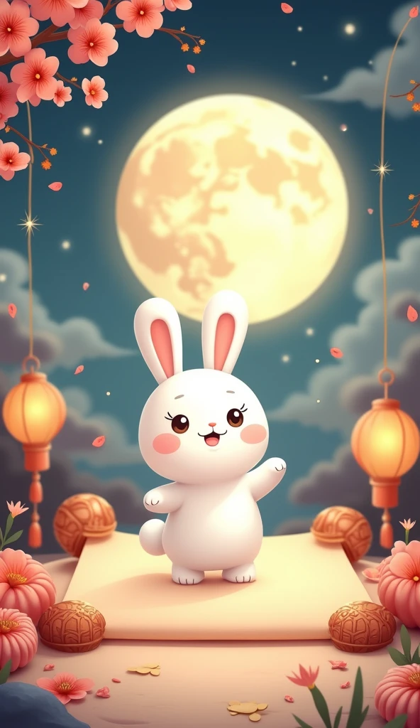 The background is full moon, stars, osmanthus, and a cute cartoon white rabbit is playing on the unfolded picture scroll, surrounded by Mid-Autumn Festival decorations, lanterns, moon cakes, etc., hand drawn illustrations in the style of vector illustration, soft and dreamy lights and soft colors, mirrors, artistic coatings, and shallow depth of field