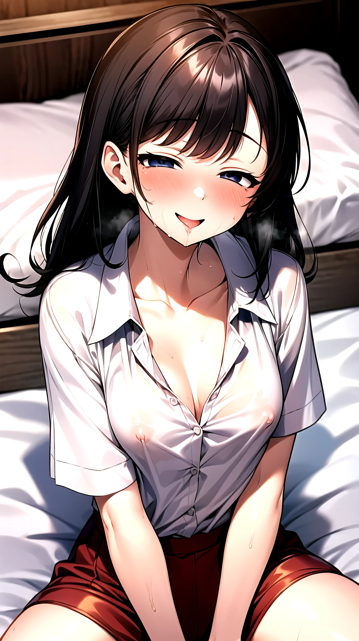 （（super high quality,））（（Ultra-high resolution,））（16K,）（super masterpiece,）（（Ultra HD ,））（Detailed shading,）（A seductive mother,）popped Tight collar White shirts,Naked shirt,Cleavage,Folded sleeves,（（Lower body naked,））Smile,blush,A small amount of drooling,Sweaty,Western-style room with morning sunshine,Lying in bed,（（（Rub your chest with your left hand:1.8,）））Spread your legs,（Open the private parts with your right hand,）Love juice gushes out,Full body photo,Shooting from above,