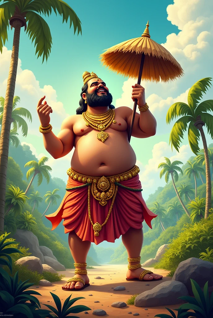 Kerala maveli with Kerala background big stomach full of gold ornaments dothi without beard  with plam umbrella.  Maveli on crazy movement 