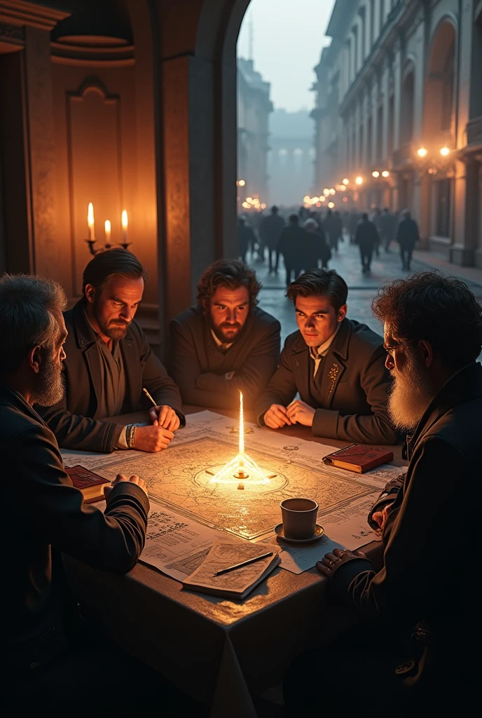 Close-up shot, Low angle shot, (A split image: on one side, a candlelit room where Weishaupt and his followers plot, their faces serious and determined, the table covered with maps, books, and a glowing Illuminati symbol. On the other side, a chaotic street scene of protests and unrest, with shadowy figures in the background representing the Illuminati’s influence. The contrast between the calculated plotting and the chaotic outcome creates a sense of tension and mystery, leaving the viewer questioning the true nature of the Illuminati.) unreal engine, cinematic, hyper-real, highly detailed, Ultra realistic HD --q 2 --v 6.1 --ar 9:16