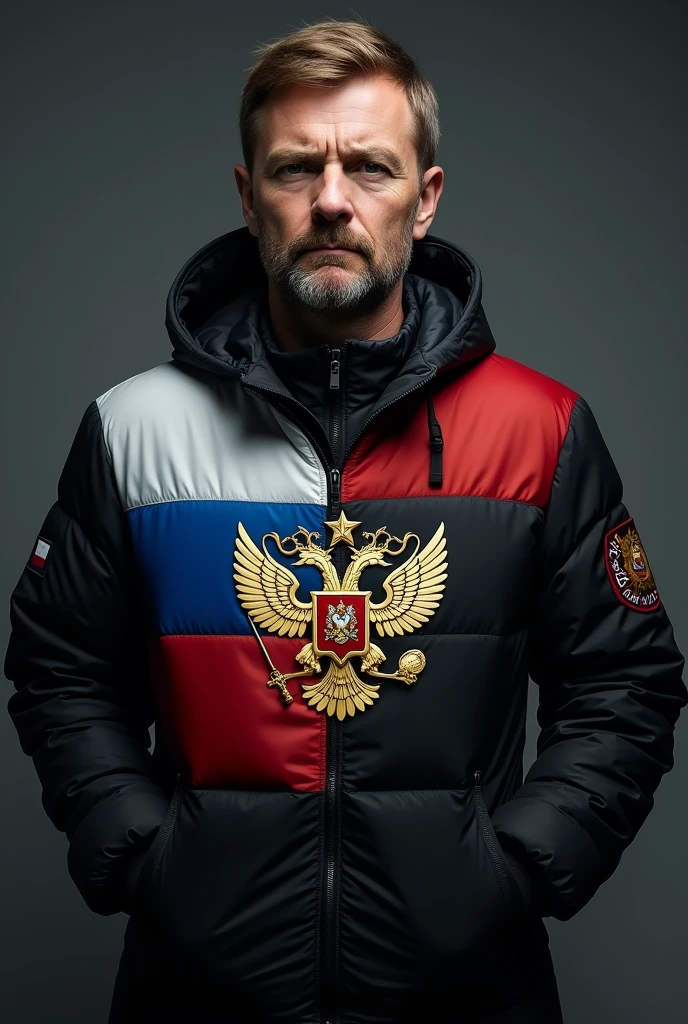 Take me a photo of an 1 man with a black jacket on his chest with the Russian flag with its colors and coat of arms 
