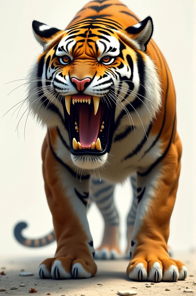 Create a drawing of a saber-toothed tiger ,looking forward ,roaring with special detail on his face