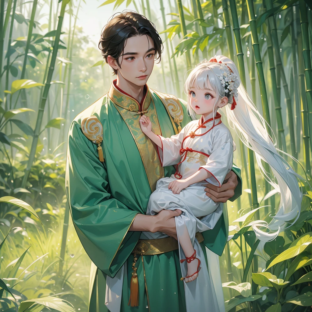 A one-year-old baby boy in an white ancient Chinese baby costume with his beautiful mother, dressed in an ancient Chinese costume, playing with each other, with his handsome father standing next to his mother, close up.

Behind is a lush green bamboo forest. The air after rain has water droplets splashing around.