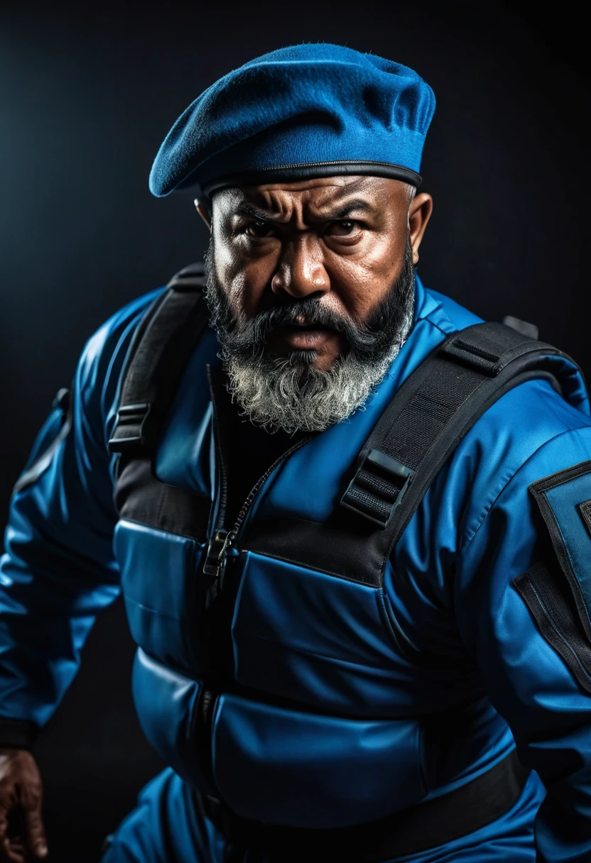 (a dark-skinned bearded fat old man in a bulky blue zipper diver suit) fighting stance and (wearing army beret), muscular, Basuki Abdullah, sumatraism, action-packed atmosphere, a character portrait, heroic, fierce expression, angry, dramatic shadows and intense highlights, cinematic color tones, high detail, professional, best quality image
