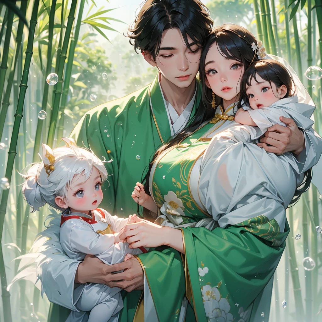 A one-year-old baby boy in an white ancient Chinese baby costume with his beautiful mother, dressed in an ancient Chinese costume, playing with each other, with his handsome father standing next to his mother, close up.
Behind is a lush green bamboo forest. The air after rain has water droplets splashing around.