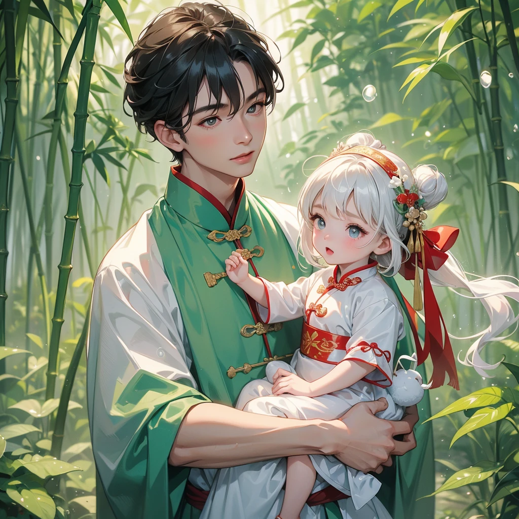 A one-year-old baby boy in an ancient Chinese baby costume with his beautiful mother, dressed in an white ancient Chinese costume, playing with each other, with his handsome father standing next to his mother, close up.
The back is a lush green bamboo forest. The air after rain has water droplets splashing around.